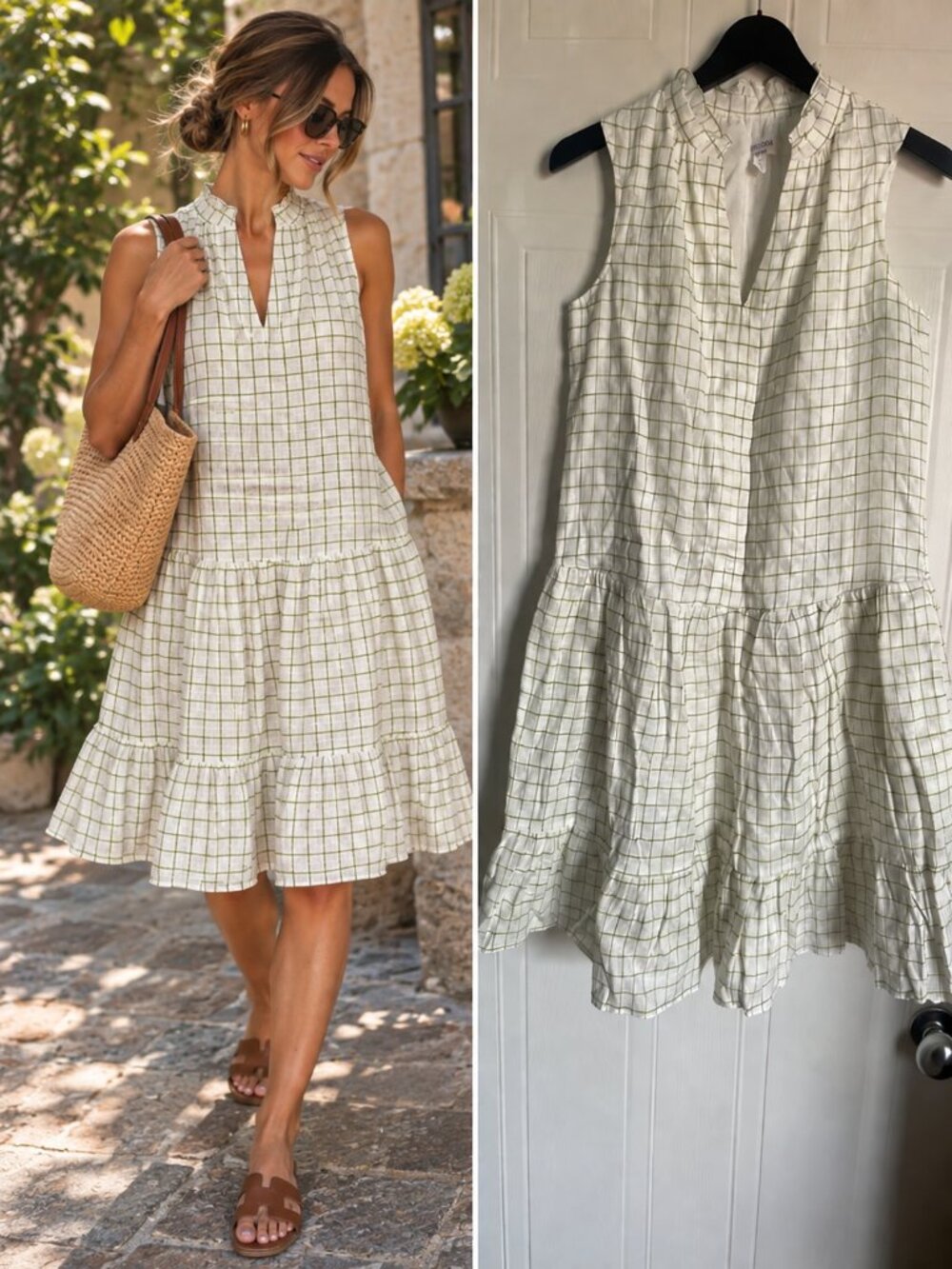 Hudson North White Green Plaid Linen Tiered Ruffle Dress Cottagecore S